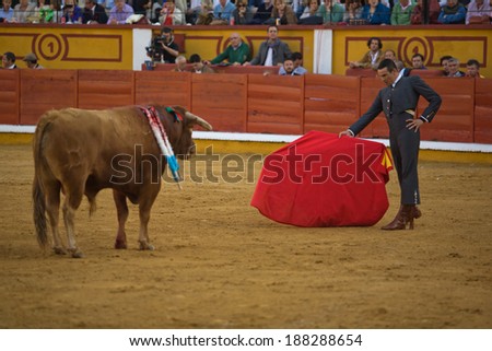 BADAJOZ, SPAIN, APRIL 12: The spanish torero Jose Maria Manzanares performing a bullfight, on April 12, 2014 in Badajoz, Spain