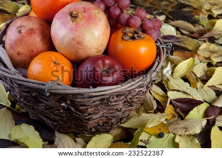 Old basket fruit bowl with autumn fruits isolated over black background. Surface full of dry leaves