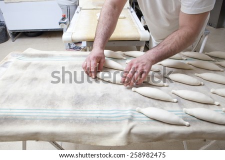 Male baker kneading and placing pieces of bread over fermentation sheet. Manufacturing process of spanish bread