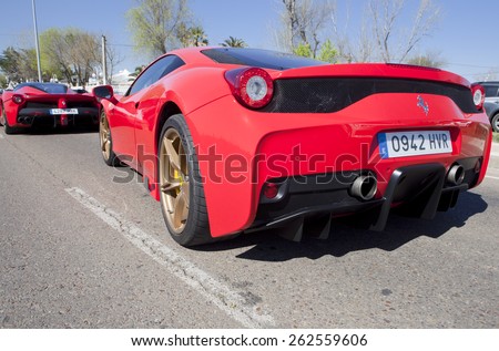 BADAJOZ, SPAIN, MARCH 14, 2015: Ferrari Car show at Badajoz City on Complejo Alcantara resorts, March 14, 2015. Ferrari cars waiting on line for entry