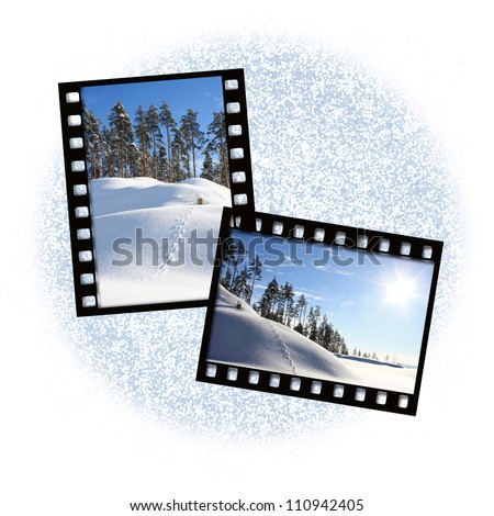 Two film frames on a white background with a snow