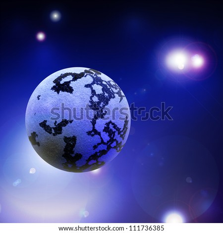 Lonely planet in space among the stars in blue tones