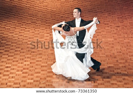 SZCZECIN, POLAND - MARCH 12: Competitors dance slow waltz at the Polish Championship in the ballroom dance called \