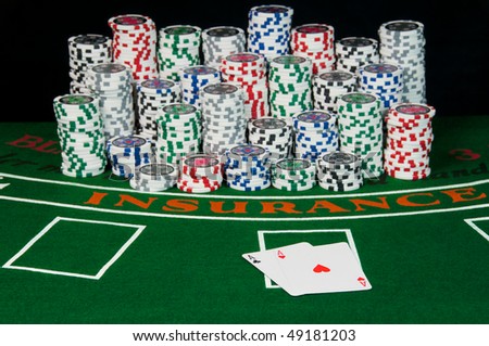 Blackjack table and gambling chips