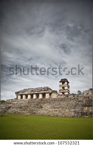Mayan ruins in the site of Palenque, Mexico. Palace and observatory.
