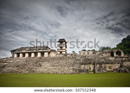 Mayan ruins in the site of Palenque, Mexico. Palace and observatory.