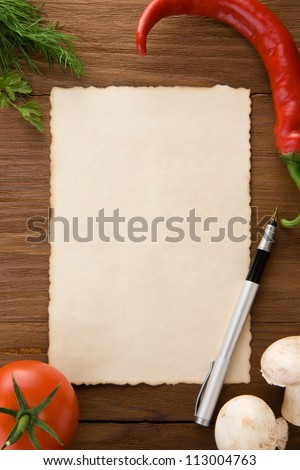 background for cooking recipes and spices on wooden table
