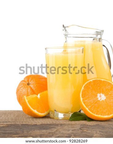 orange juice in glass and slices isolated on white background