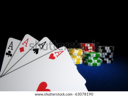 Four Aces and Poker Chips on blue felt