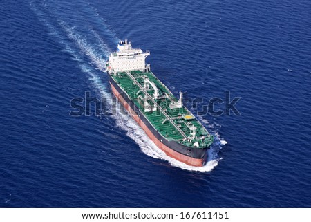 Aerial front view of oil tanker ship on open sea