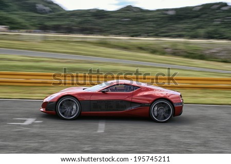 GROBNIK - MAY 14: Rimac Concept One Full Electric Car With 1088 HP tested at race track Grobnik, on May 14, 2014 in Rijeka, Croatoa.