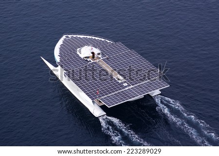 ADRIATIC SEA - AUGUST 31: Turanor Planet Solar biggest solar powered boat in the world in navigation, at open sea, on August 31, 2014 in Adriatic sea, Croatia.