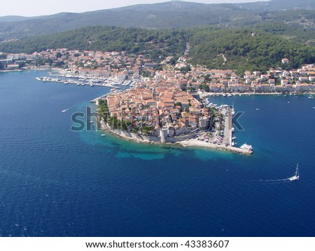 Old town Korcula island in Croatia, Adriatic sea - aerial view