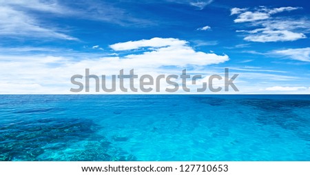 Transparent ocean and cloudy sky. Tropical horizontal composition