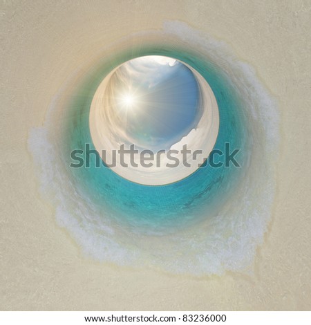 Surf wave on beach. Spherical tunnel