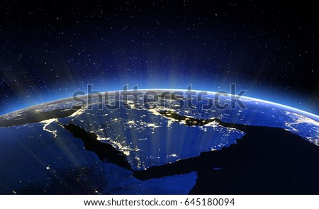 Middle East. 3D Rendering. Stars my own photo. Elements of this image furnished by NASA