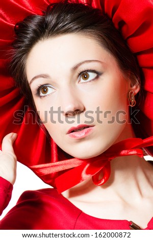 Red Hat, Young elegant happy Victorian style woman wearing red dress & hat