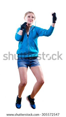 stop motion: jumping high boxing blond girl