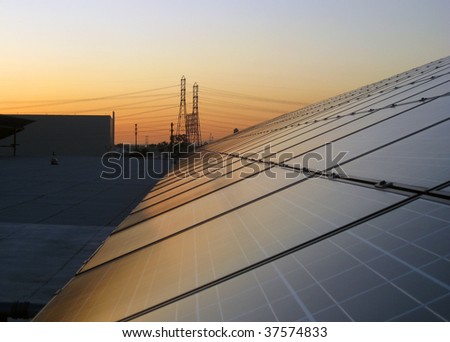 View of solar panels with electrical power lines in the background
