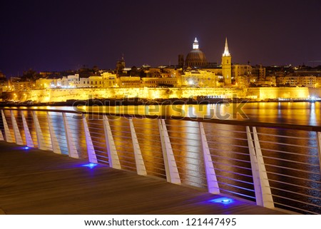 Night view of Valletta from Sliema. Valletta with Our Lady, Malta