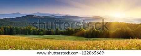 Majestic Sunset In The Mountains Landscape.Carpathian, Ukraine.