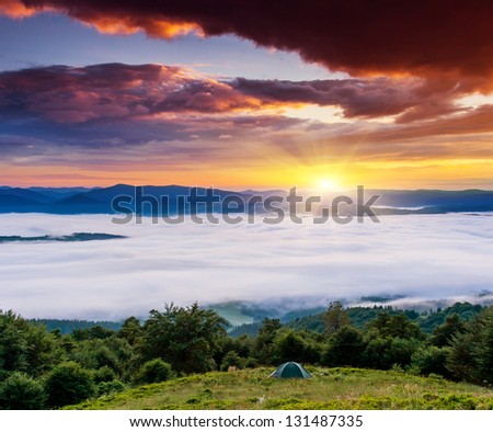 Majestic sunset in the mountains landscape. Overcast sky before storm. Carpathian, Ukraine, Europe. Beauty world.