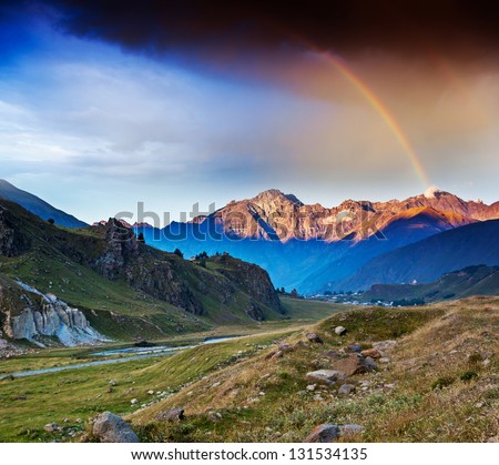 Beautiful landscapes with high mountains of Georgia, Europe. Storm sky. Caucasus mountains. Beauty world.