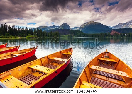 Mountain lake in National Park High Tatra Dramatic overcast sky Strbske pleso Slovakia Europe Beauty world Mountain lake in National Park High Tatra Dramatic overcast sky Strbske pleso Slovakia Europe Beauty world