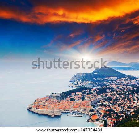 Majestic colorful sunset on old town of Dubrovnik, Croatia. Balkans, Adriatic sea, Europe. Beauty world.