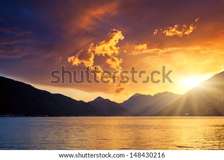 Kotor bay at sunset. Overcast sky. Montenegro, Balkans, Adriatic sea, Europe. Beauty world