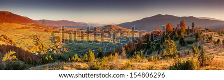 Majestic morning mountain landscape with colorful forest. Autumn leaves. Carpathian, Ukraine, Europe. Beauty world.