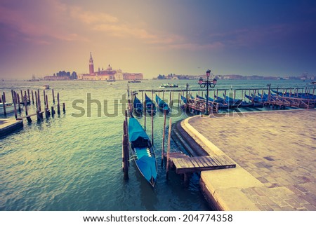 Amazing view of Grand Canal at sunset with San Giorgio Maggiore church. San Marco, Venice, Italy, Beauty world. Retro style filter. Instagram toning effect.