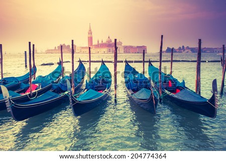 Amazing view of Grand Canal at sunset with San Giorgio Maggiore church. San Marco, Venice, Italy, Europe. Beauty world. Retro style. Instagram toning effect.