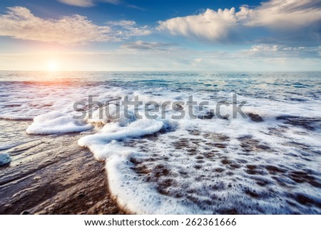 Fantastic view azure sea glowing by sunlight. Dramatic morning scene. Location Makauda, Sciacca. Sicilia, southern Italy. Beauty world.