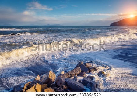 Fantastic sea view with blue sky and strong storm waves. Dramatic and picturesque scene. Location Gioiosa Marea. Lipari island, Sicilia, Italy, Europe. Mediterranean and Tyrrhenian sea. Beauty world.
