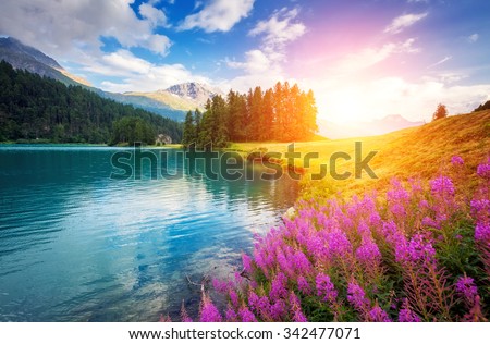 Fantastic azure alpine lake Champfer. Unusual and picturesque scene. Location famous resort Silvaplana village, district of Maloja in the Swiss canton of Graubunden, Alps. Europe. Beauty world.