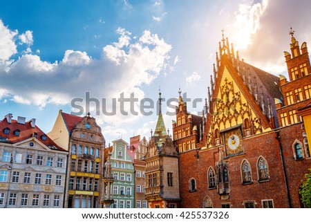 Fantastic view of the ancient city hall Wroclaw (Ratusz WrocÃ??awski) on a sunny day. Picturesque scene. Location famous Market Square, Poland, Europe. Historical capital of Silesia. Beauty world.