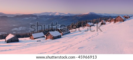 Sunrise in the mountains in winter on a cold morning