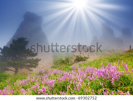 The magic morning in the mountains landscape