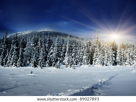 Majestic sunset in the winter mountains landscape. Dramatic sky.