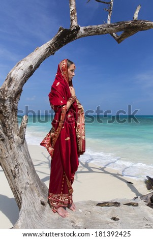 Beautiful woman wearing a saree stands on a washed up remains of a tree looking out to sea in the Andaman islands.