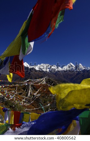 Prayer flags with a mountain background. Nepal