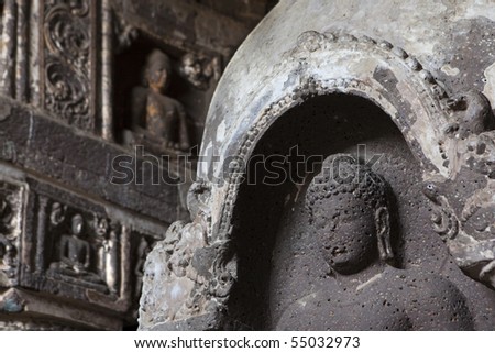 Close up inside ancient Buddhist rock temple in Ajanta, Maharashtra, India