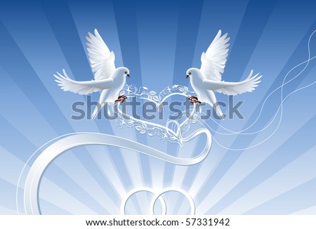 stock vector Wedding collage with wedding rings and two white doves 