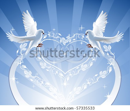 stock vector Wedding card Two doves soaring with the roses wreath