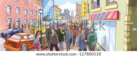Street Crowd. A lot of people are going by the crowded city street. - each of the main characters and the background are placed on a different layers.