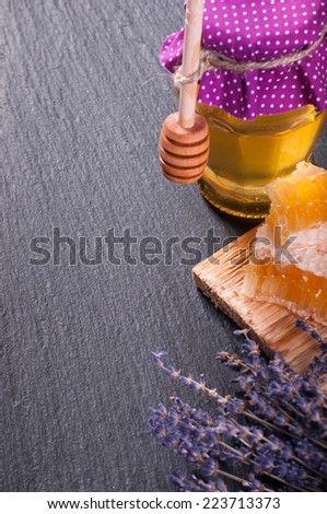 Lavender honey on blackboard with copyspace