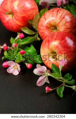 composition from apples and apple-tree blossoms on black