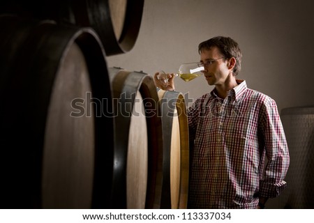 Wine producer smelling a sample of white wine in glass while wine tasting it in cellar.