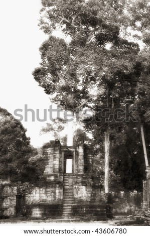 Stairway to huge tree at Angkor temple with partially framed trunk, infrared-monochrome image.